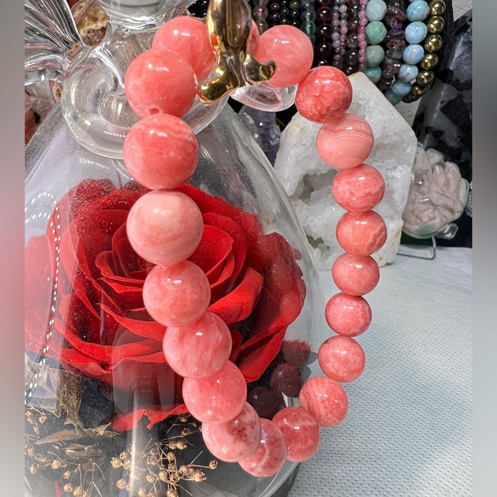 10MM Rhodochrosite Beaded Bracelet 6.76” Natural Pink Crystal Quartz Love Stone - Picture 3 of 12